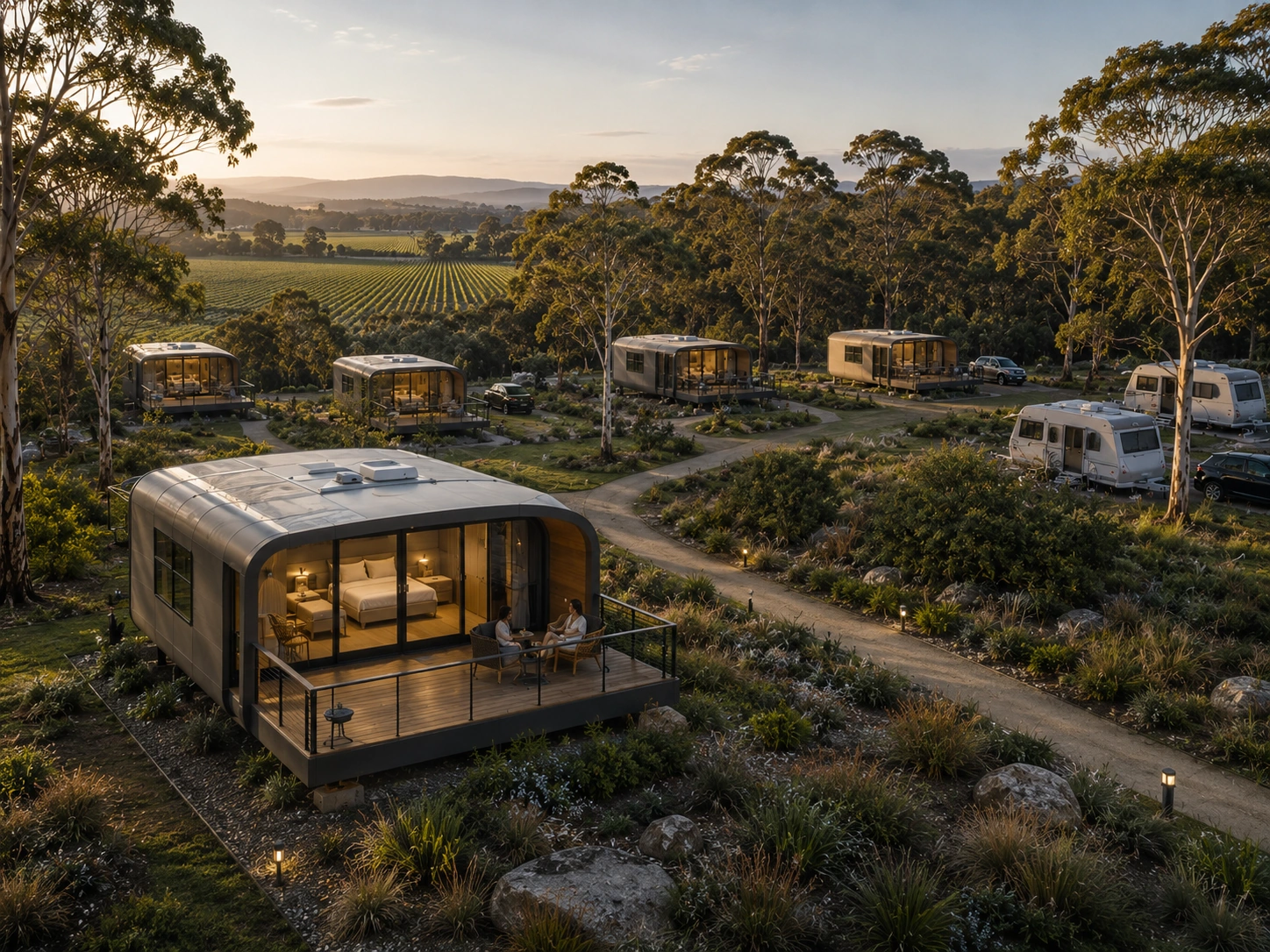 Premium MLSP modular cabins deployed across a Western Australian holiday park, showcasing scalable accommodation opportunities for caravan park owners.