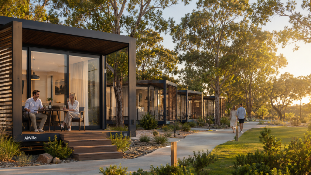 Modern AirVilla modular cabins installed in a Western Australian caravan park to increase accommodation revenue and improve guest experience.