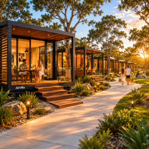 Modern AirVilla modular cabins installed in a Western Australian caravan park to increase accommodation revenue and improve guest experience.