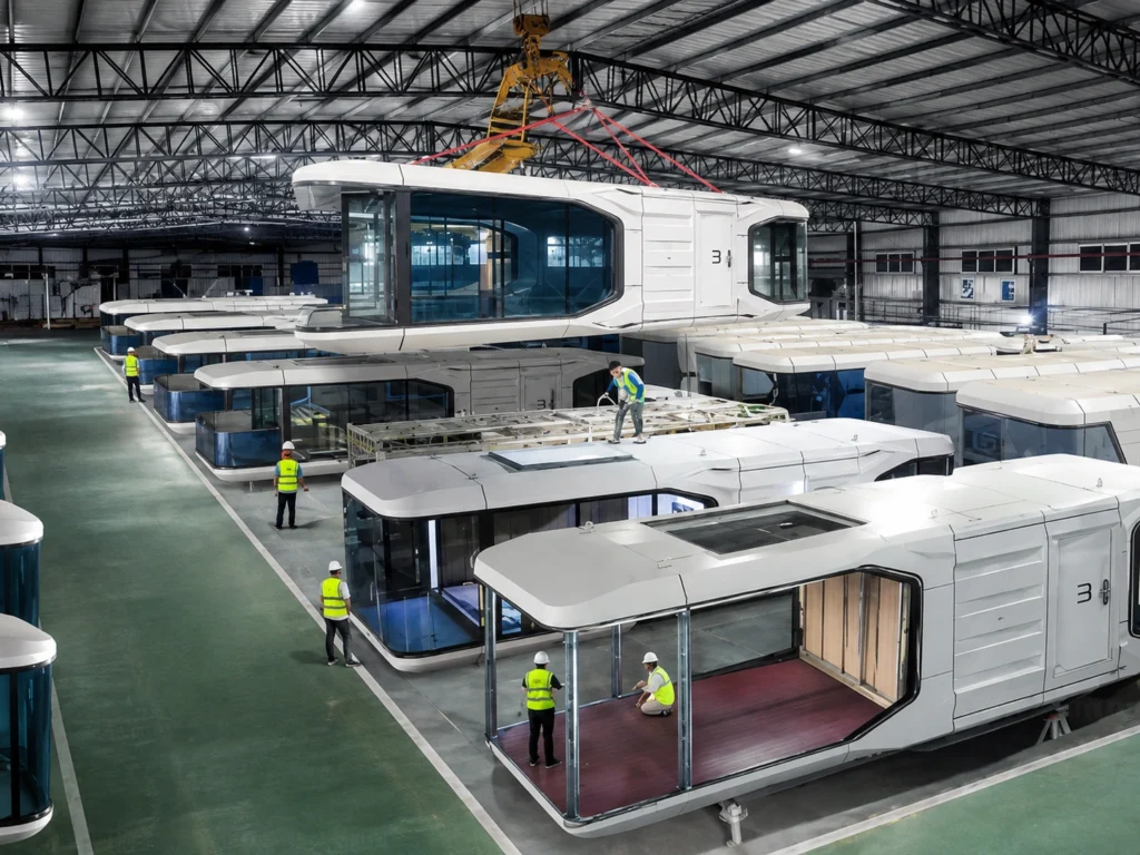 Cabin modules under construction in an offsite manufacturing facility