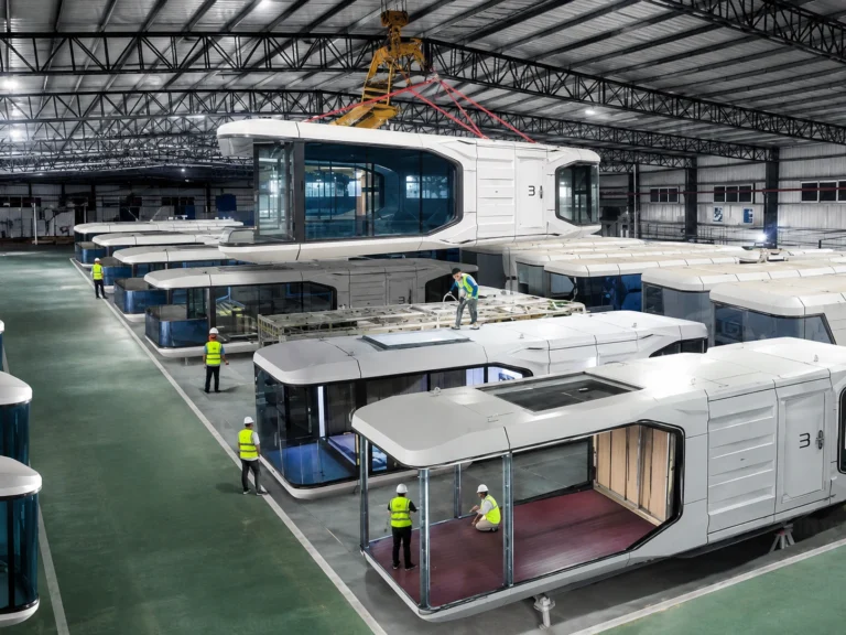 Cabin modules under construction in an offsite manufacturing facility