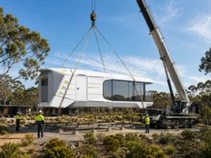 Modular cabin being craned into position on a prepared site