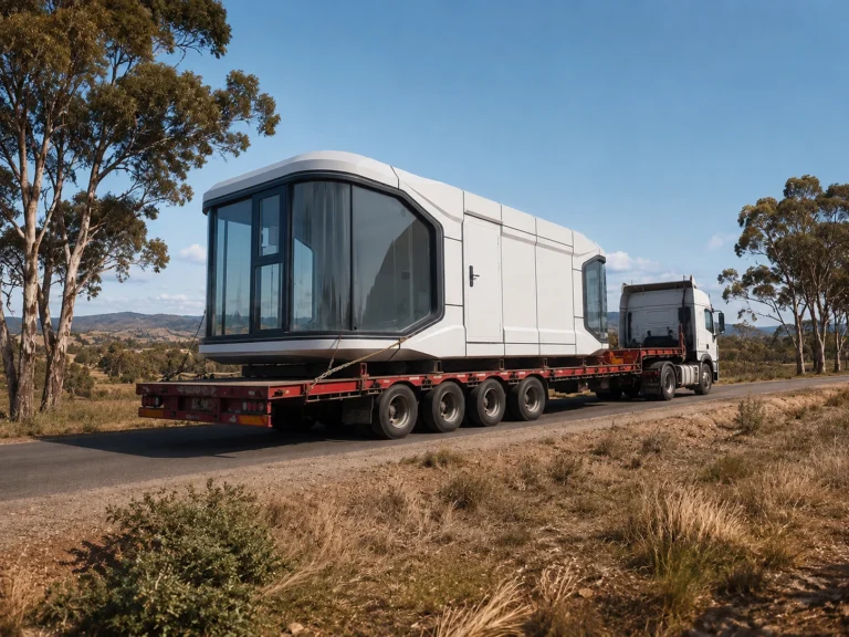 Modular cabin module in transit on a regional Western Australian road