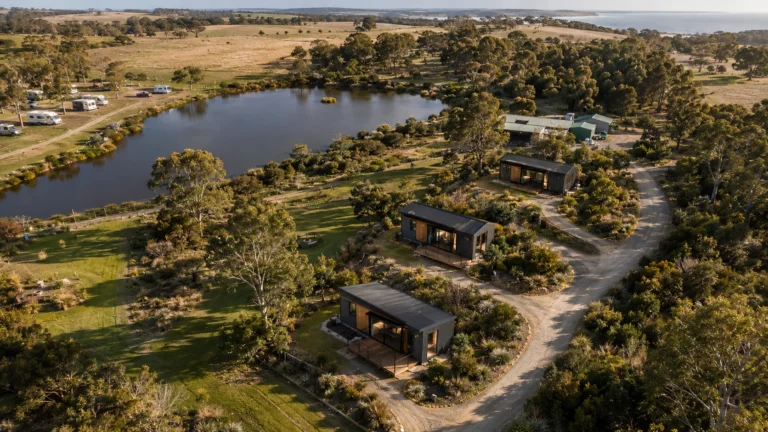 Elevated view of a Western Australian caravan park showing usable land alongside existing sites