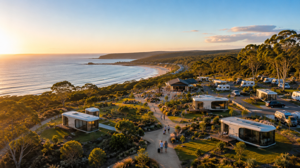 Australian modular construction facility, prefabricated homes and a regional holiday park representing WA modular investment, prefab housing policy and resilient accommodation demand.