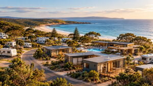 Modern Western Australian holiday park with modular cabins, caravan sites and coastal scenery