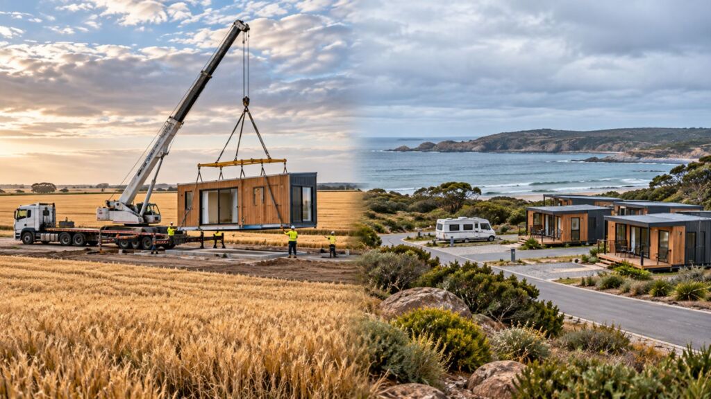 Modular home installed in the WA Wheatbelt beside a quiet Great Southern caravan park with modular cabins in winter