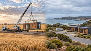 Modular home installed in the WA Wheatbelt beside a quiet Great Southern caravan park with modular cabins in winter