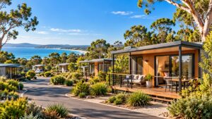 Modern modular cabins in a Western Australian holiday park surrounded by landscaped grounds and native trees.